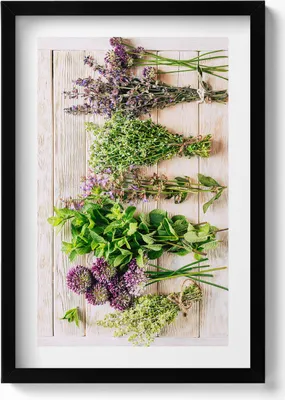 Produktbild von Pflanzen und Kräuter auf Brettern– Wandbild mit Rahmen – Gerahmtes Bild  – Wanddekoration – 40x60 cm –  Schwarz