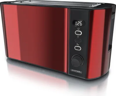 A red toaster with a black control panel and digital display, shown on a white reflective surface.