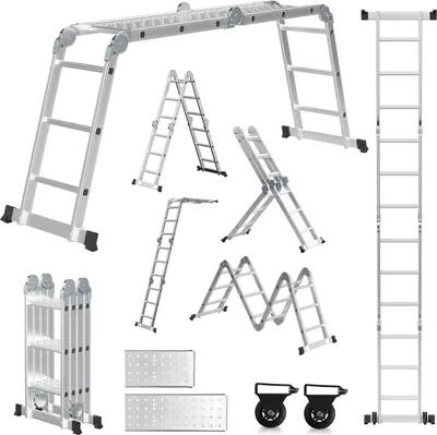 Produktbild von Clanmacy 6 in 1 Leiter Mehrzweckleiter Alu Gelenkleiter Klappleiter 360cm Multifunktionsleiter Aluleiter Mit Plattform Bis 150KG 4 X 3 Stufen Silber
