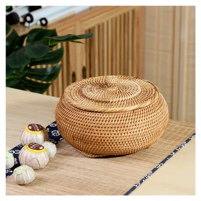 Produktbild von Runde Rattan-Box mit Deckel, 22,1 x 10,2 cm, handgewebter Korb für Dekoration und Aufbewahrung