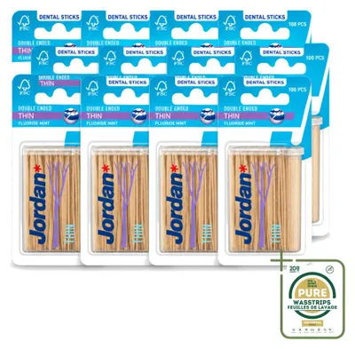 Zdjęcie produktu dla 12 sztuk Jordan Clean Between Sticks - Cienkie, dwustronne patyczki do zębów o smaku miętowym - Opakowanie zbiorcze - 12 sztuk