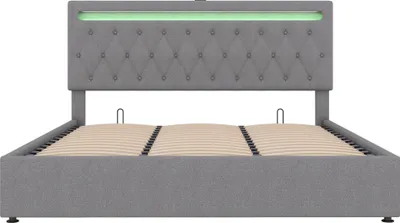 Produktbild von Flieks Polsterbett 180x200cm mit Ladefunktion (USB & Typ-C), Stauraumbett Doppelbett Jugendbett mit LED, Hydraulisches Boxspringbett Holzbett, Leinen