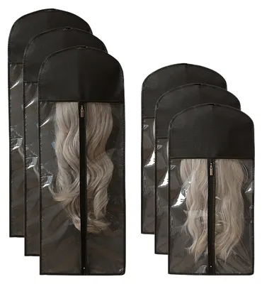 Produktbild von Perücken Aufbewahrung 6er Set Staubschutz Taschen 60cm & 80cm, mit Reißverschluss & Sichtfenster, ideal für Extensions & Salon Organisation