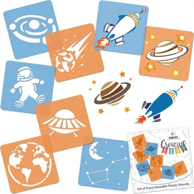 Produktbild von Schablonen Malen für Kinder, 8 Stück Set 15x15 cm Kosmos Universum, Kinder Kreatives Zeichenschablonen, Kunststoff Wiederverwendbar Malschablone