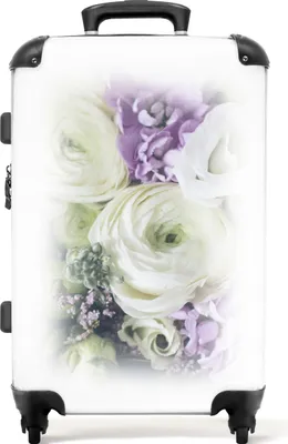 Produktbild von NoBoringSuitcases.com® Großer Koffer - Blumen - Rosen - Weiß - Lila - Botanisch - Kombinationsschloss TSA - Hartschalen Trolley 4 Rollen - 72 liter - Reisekoffer - 66 cmKoffer Mittelgroß 67x43x25 cm, 72L,