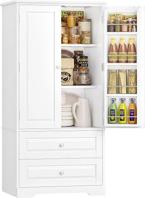 Produktbild von Küchenschrank Vorratsschrank mit 2 Schubladen und 8 Türregalen | Buffetschrank Mehrzweckschrank mit 2 Türen, für Küche, Esszimmer, Badezimmer und Wohnzimmer, 60 x 40 x 120 cm, Weiß
