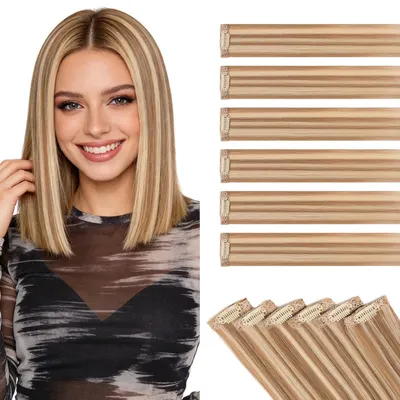 Productafbeelding van Haarverlengingen van echt haar, 6 stuks, balayage highlights in lichtbruin/gebleekt blond, 25 cm