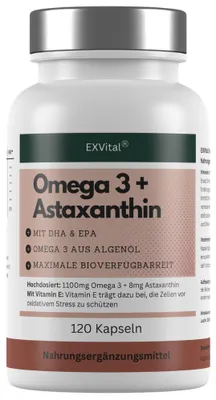 Produktbild von Omega 3 + Astaxanthin mit 600mg DHA & 300mg EPA + 8mg Astaxanthin, 120 Stück von EXVital