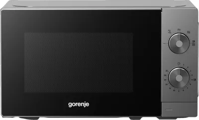 A front view of a gray Gorenje microwave on a light gray background.
