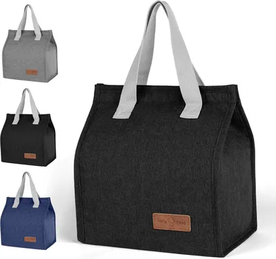 Produktbild von Lunchbag, Lunchtasche klein, faltbare Isoliertasche, Thermotasche mit Folienfutter, Lunchbag für Reisen, Arbeit, Schule, Ausflug, Essenstransport, Schwarz