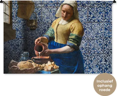 Produktbild von MuchoWow® Wandteppich Wandbehang Milchmädchen - Delfter Blau - Vermeer - Gemälde - Alte Meister 120x80 cm Tapisserie Dekoration Wandtuch - Wanddekorationen - Wandtücher