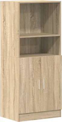 A tall, narrow wooden cabinet with two shelves and two doors.