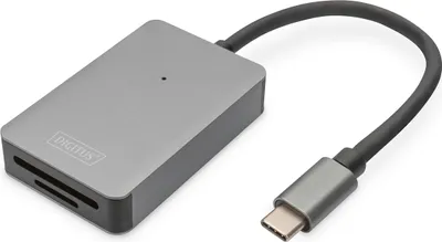 Produktbild von Digitus USB-C Card Reader, 2 Port, High Speed, MicroSD (TransFlash), MicroSDHC, MicroSDXC, SD, SDHC, SDXC, Grau, 300 Mbit/s, Aluminium, USB 2.0 Type-C, 60 mm