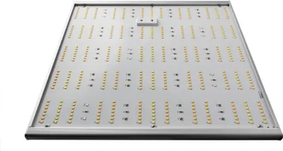 A close-up, angled view of a flat LED grow light panel.