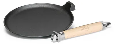 Produktbild von Premium Crêpepfanne Gusseisen unbeschichtet Ø 24cm abnehmbarer Holzgriff flach Pfannkuchenpfanne
