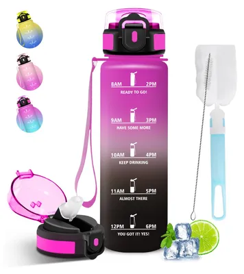 Produktbild von Mujigaga Trinkflasche 1l auslaufsicher mit Strohhalm, Zeitmarkierung,
