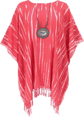 Produktbild von Batik Kaftan, Ibiza-Style Tunika, Boho Blusenkleid mit Fransen, Damen Maxibluse - Himbeerrot, Viskose, Blusen & Tunikas