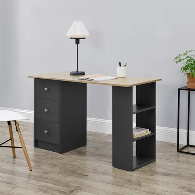 Immagine prodotto di Scrivania 120x50x72cm per ufficio con cassetti grigio scuro/legno ripiano tavolo PC [en.casa]
