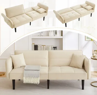 Produktbild von okwish Schlafsofa mit sechs Massivholzfüße,2-in-1 Verstellbares Sofa mit klappbaren Armlehnen,Zweisitzer mit Schlaffunktion,Beige
