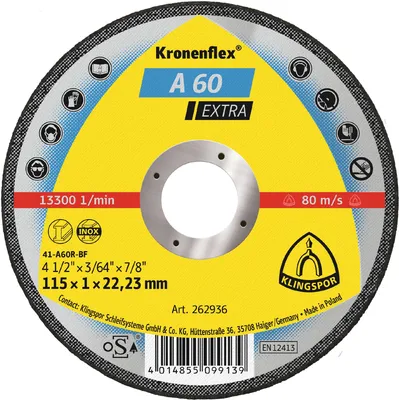 Image de Disque à tronçonner plat KRONENFLEX A60 Extra 115x1x22,23mm - KLINGSPOR - 262936
