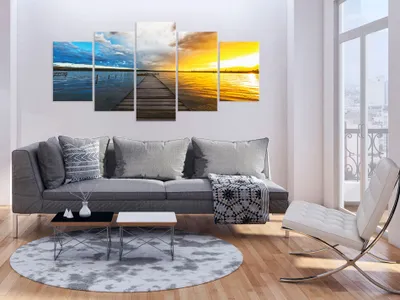 Produktbild von Akustikbild Landschaft Natur 200x100 cm Bilder Akustikschaum Hochleistungsschallabsorber Schallschutz Leinwand 5 tlg Wandbild Raumakustik Schalldämmung Sonnenuntergang c-B-0123-b-n