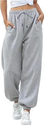 Produktbild von Damen Freizeit-Sweathose mit Kordelzug, Weite Jogginghose, Weiche Bequeme Hosen mit Taschen und elastischen Bündchen, Grau, M