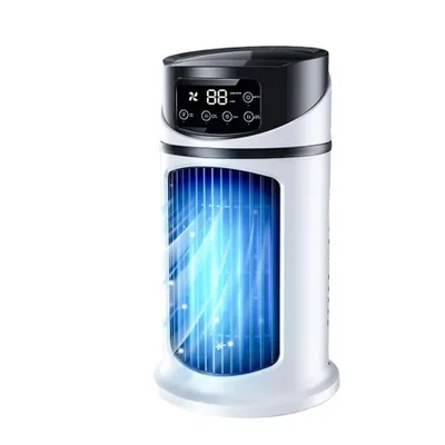 A white and black portable air cooler with a blue glowing fan opening.
