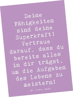 Produktbild von Mr. & Mrs. Panda Ansichtskarte Spruch Vertrauen in Fähigkeiten - Lavendeltraum - Geschenk, Ermutigung, Trost, Grußkarte, Postkarten, ermutigende Geschenke, eigene