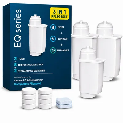 Produktbild von 3 Stück ErsatzWasserfilter für Siemens EQ-Series, Bosch Supresso Kaffeevollautomaten, Komplett-Pflegeset : 2x Entkalkertabs + 8x Reinigungstabs