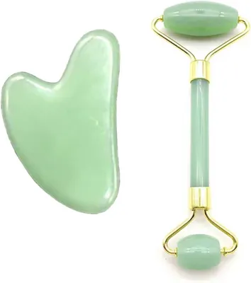 Produktbild von Ykkj Jade Roller & Gua Sha Set, Gesichtsmassagegerät, Augen, Halshautpflege, Schönheit Entspannung Körpermuskeln intelligent (grün)