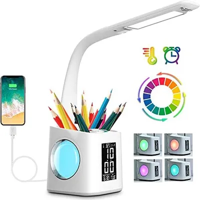 Produktbild von LED -Schreibtischlampe für Kinder, dimmbare Tischuhr, Nachtlampe 256 RGB -Nachtlicht, Stifthalter, USB -Verbindung, 3 Helligkeitsstufen, Alarmstudie,