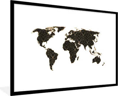 Produktbild von MuchoWow® Gerahmtes Poster Weltkarte - Schwarz - Gold - Kinder - Jungen - Mädchen 90x60 cm - Poster mit Schwarzem Bilderrahmen Wandposter Rahmen Foto Bilder - Wanddekoration - Fotos