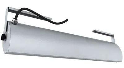 A silver infrared heater with a black cable and mounting brackets, isolated on a white background.