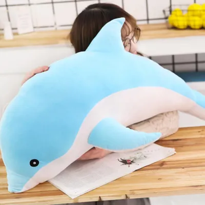 Image de Peluche douce, grande forme de dauphin mignonne, confortable coussin de poupée en peluche portable multifonctionnel pour la maison, le bureau, bleu, 30 cm