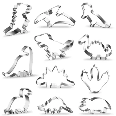 Produktbild von Set mit 11 Ausstechformen in Dinosaurierform, aus Edelstahl, multifunktional für Fondant, Tortendekoration, Kekse und Gebäck, spülmaschinenfest.