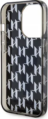 A side view of a black and white patterned iPhone case with silver trim.