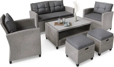 Produktbild von di volio Polyrattan Lounge Gartenmöbel-Set FIRENZE - Lounge Set mit Doppelsofa, 2 Sesseln, 2 Hockern & Tisch - Gartenmöbel-Set in Rattan-Optik