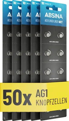 Produktbild von ABSINA AG1 LR621 Knopfzelle 50er Pack - 1,5V Alkaline Knopfzellen LR60 / SR60 / 1175S0 / 164 / 602 / 364 / V30 / SR621