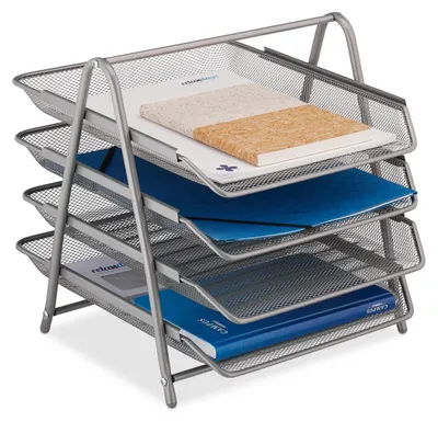 Briefablage mit 4 Ebenen, A4, Metall, Mesh, 32,5x30x35 cm, Silber