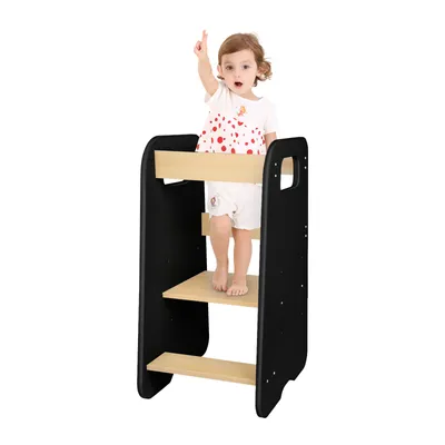 Produktbild von Holz Lernturm Montessori Stehhilfe,Learning Tower,Hocker Küchenhelfer,Lernleiter mit Kippschutz für Kinder ab 1 Jahr 80x50x40cm Schwarz Eiche