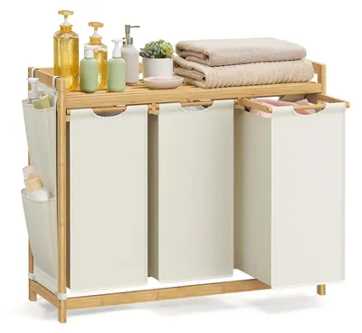 Produktbild von Wäschekorb 3 Fächer, 150 l, Kleiderorganizer, weiß – 94 x 33 x 78 cm
