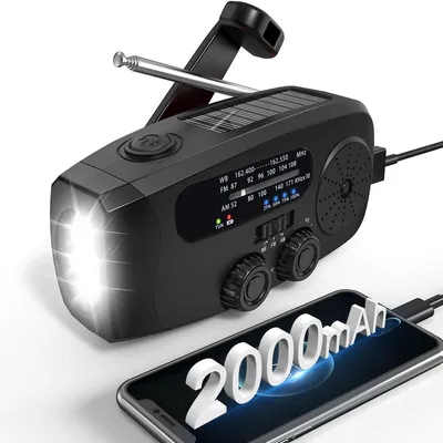 Produktbild von Aufgerüstete Version Solar Radio, Kurbelradio mit LED-Beleuchtung, Notfallradio AM/FM mit 2000-mAh-Akku, USB-C, Notbeleuchtung,Wiederaufladbar,Schwarz