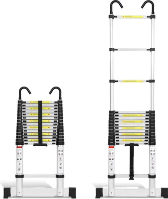 Produktbild von Faziango Profi Teleskopleiter 4,4M Silber Aluminium 150kg Tragkraft Mehrzweckleiter rutschfeste Gummifüße mit Stabilisator und Abnehmbaren Haken