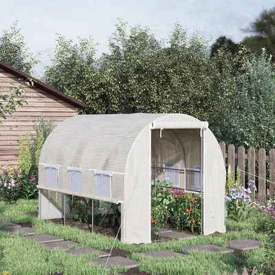 Produktbild von Foliengewächshaus begehbar 6 Rollfenster, Tunnelgewächshaus Treibhaus PE-Folie verzinkter Stahl, Weiß | 295x200x200 cm | 140 GSM | 20 kg