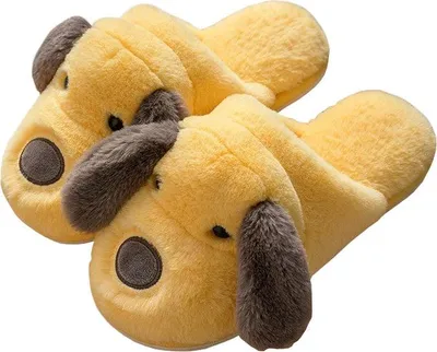 Produktbild von Damen Pantoffeln Hund Muster Hausschuhe Plüsch Schlappen Lemi Gelb Gr.40/41