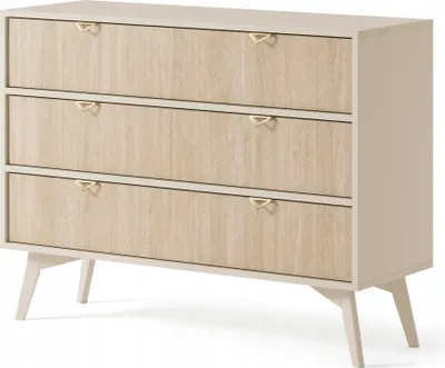 Obrázek produktu pro DŘEVĚNÁ komoda se 3 zásuvkami - Příborník na nožičkách - Moderní design - Zlaté hliníkové úchyty - Béžová barva
