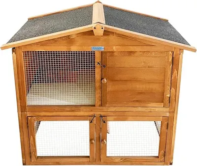 Imagen del producto de Jaula de madera para conejos - Jaula para animales pequeños - 94x46x96 cm - Dos niveles - Jaula para conejos - Casa para animales pequeños - Jaula para animales pequeños - Para exteriores - Resistente a la intemperie - Casa para conejos - Techo de betún (color miel)