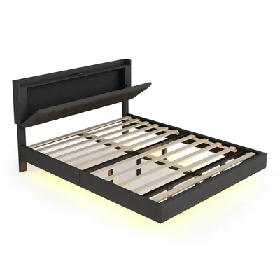 Produktbild von Polsterbett in schwebender Optik, Doppelbett mit Stauraum, Lattenrost und LED-Beleuchtung, 160x200 cm, Leinenbezug