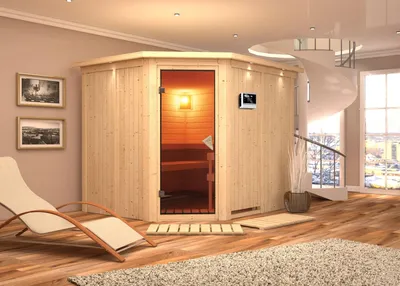 Produktbild von Karibu Sauna Innensauna Malin Eckeinstieg Ofen 9 KW externe Strg easy 245x210x202 cm mit Dachkranz mit Bronzierte Tür