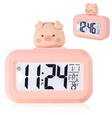 Digitaler Wecker Cartoon Schwein rosa mit Temperaturanzeige und Kalender